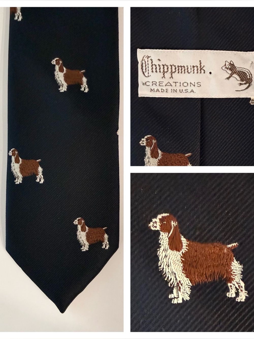 Vintage Springer Spaniel navy blue necktie. Dog embroidered motif-